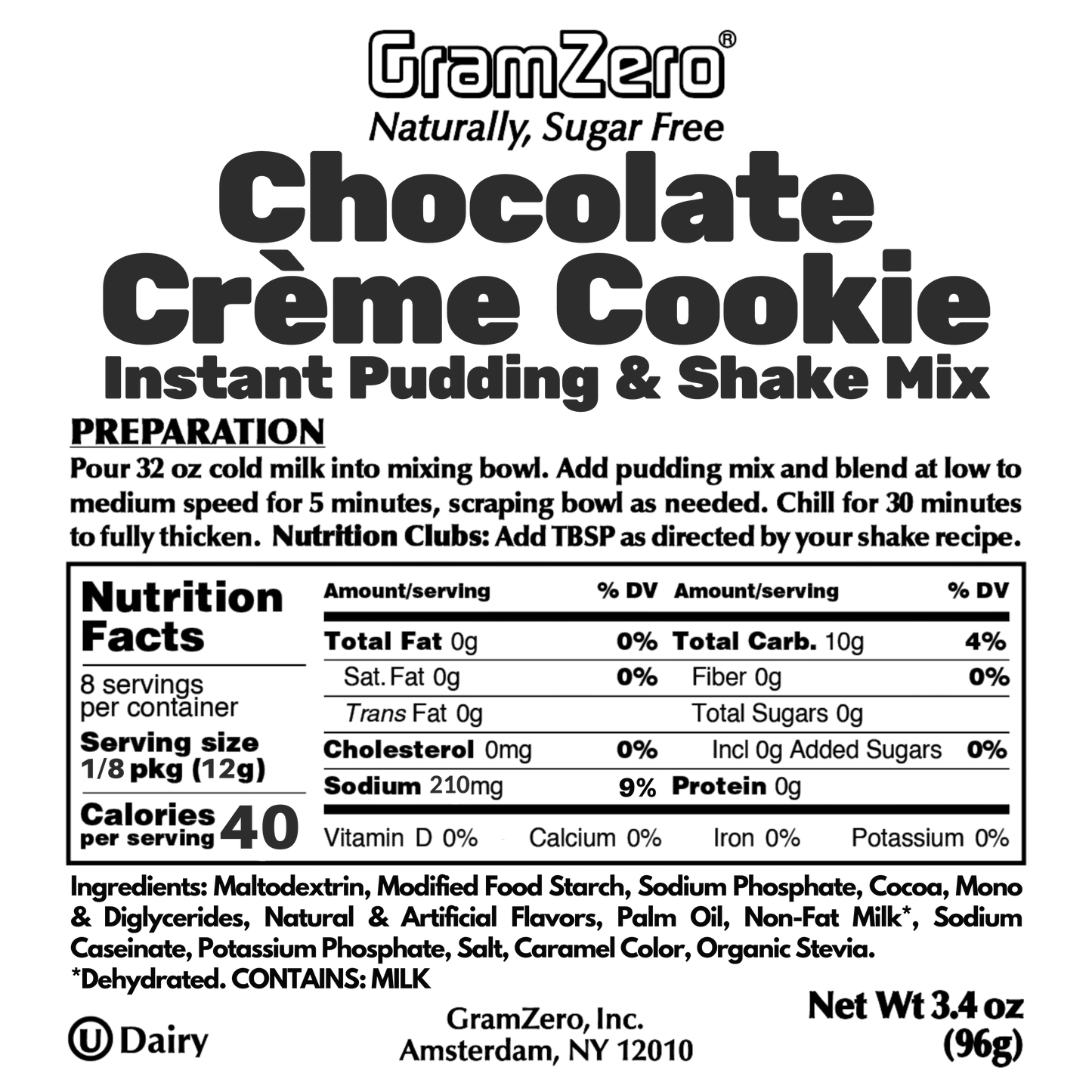 CHOCOLATE CRÉME COOKIE Sugar Free Pudding Mix, Stevia Sweetened, Great For Nutrition Club Shakes, 3.4 Oz