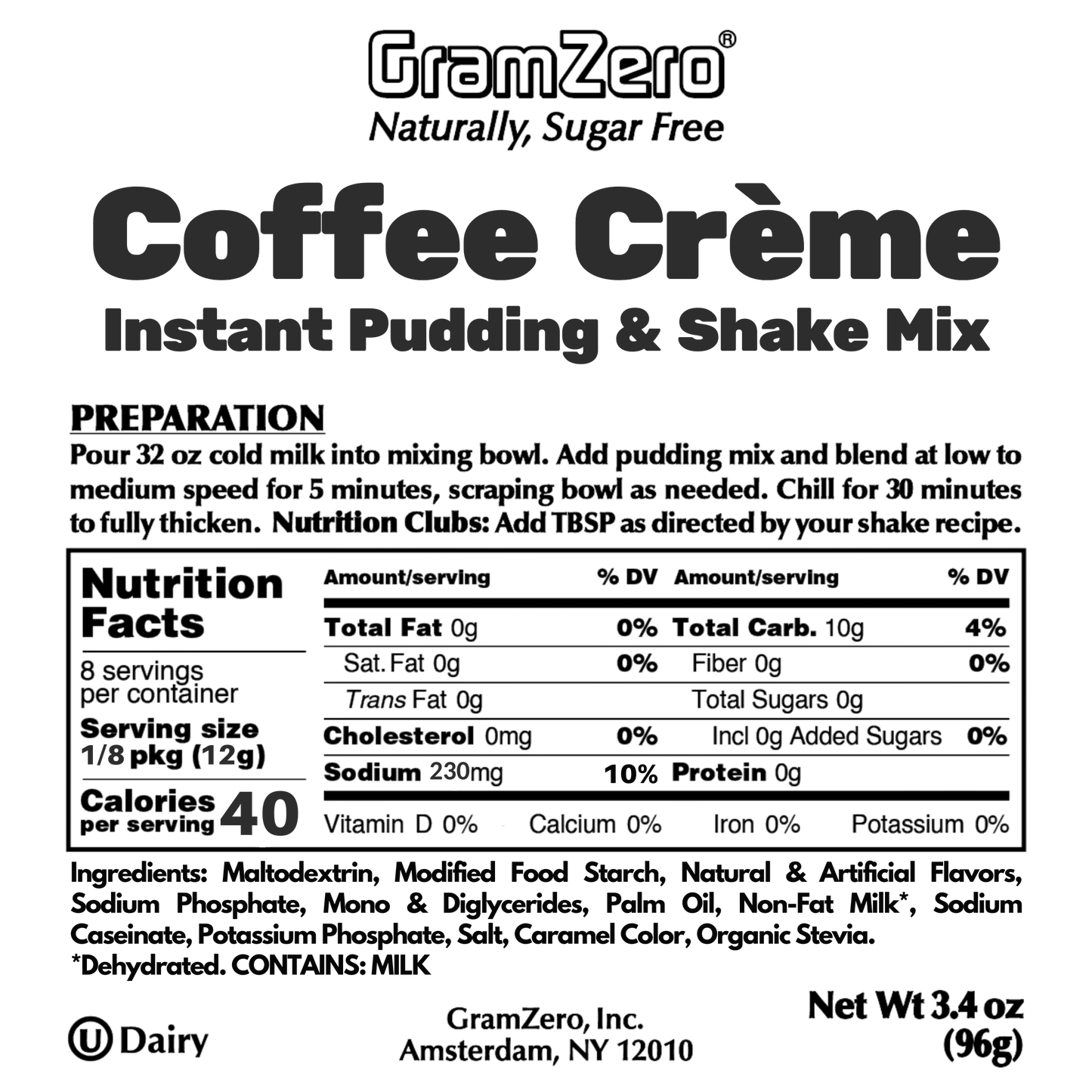 COFFEE CRÉME Sugar Free Pudding Mix, Stevia Sweetened, Great For Nutrition Club Shakes, 3.4 Oz