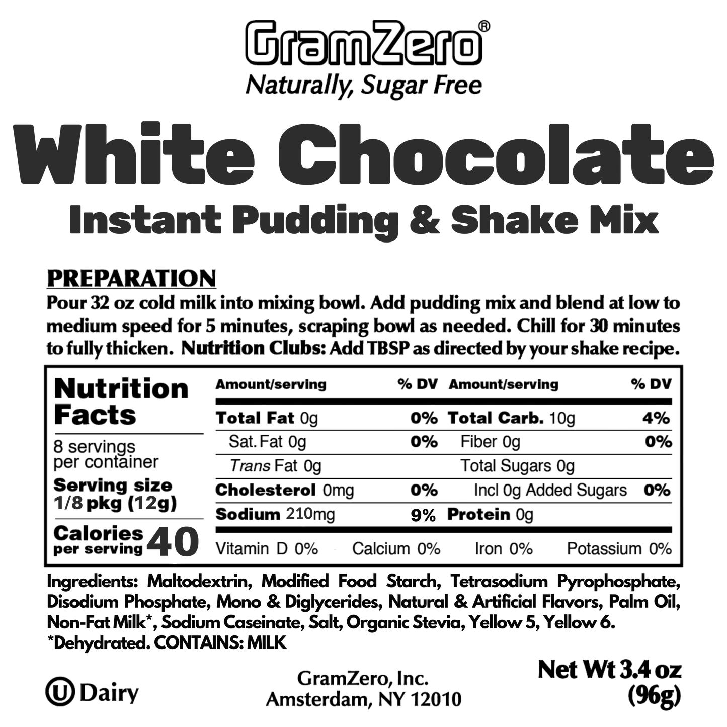 WHITE CHOCOLATE Sugar Free Pudding Mix, Stevia Sweetened, Great For Nutrition Club Shakes, 3.4 Oz