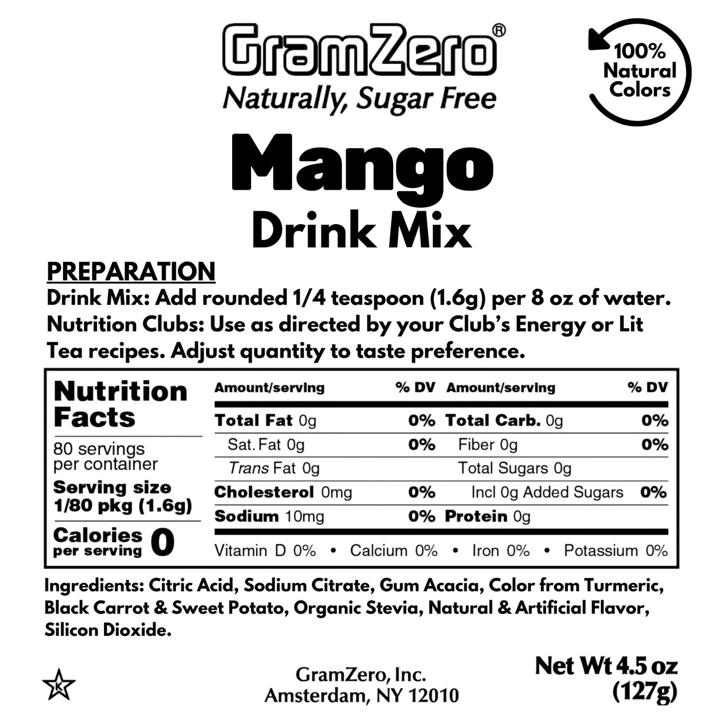 MANGO Zero Calorie Sugar Free Drink Mix with Natural Color, Stevia Sweetened, Great for Loaded Tea, 4.5 Oz