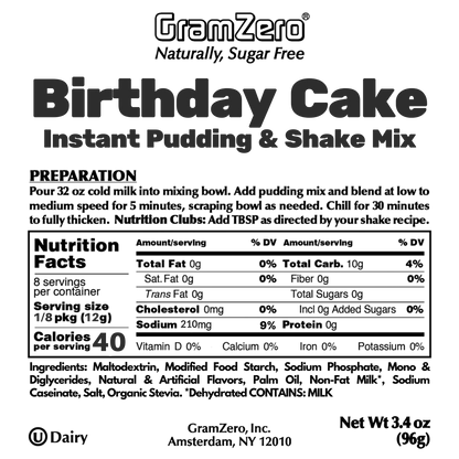 BIRTHDAY CAKE Sugar Free Pudding Mix, Stevia Sweetened, Great For Nutrition Club Shakes, 3.4 Oz