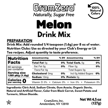 MELON Zero Calorie Sugar Free Drink Mix with Natural Color, Stevia Sweetened, Great for Loaded Tea, 4.5 Oz