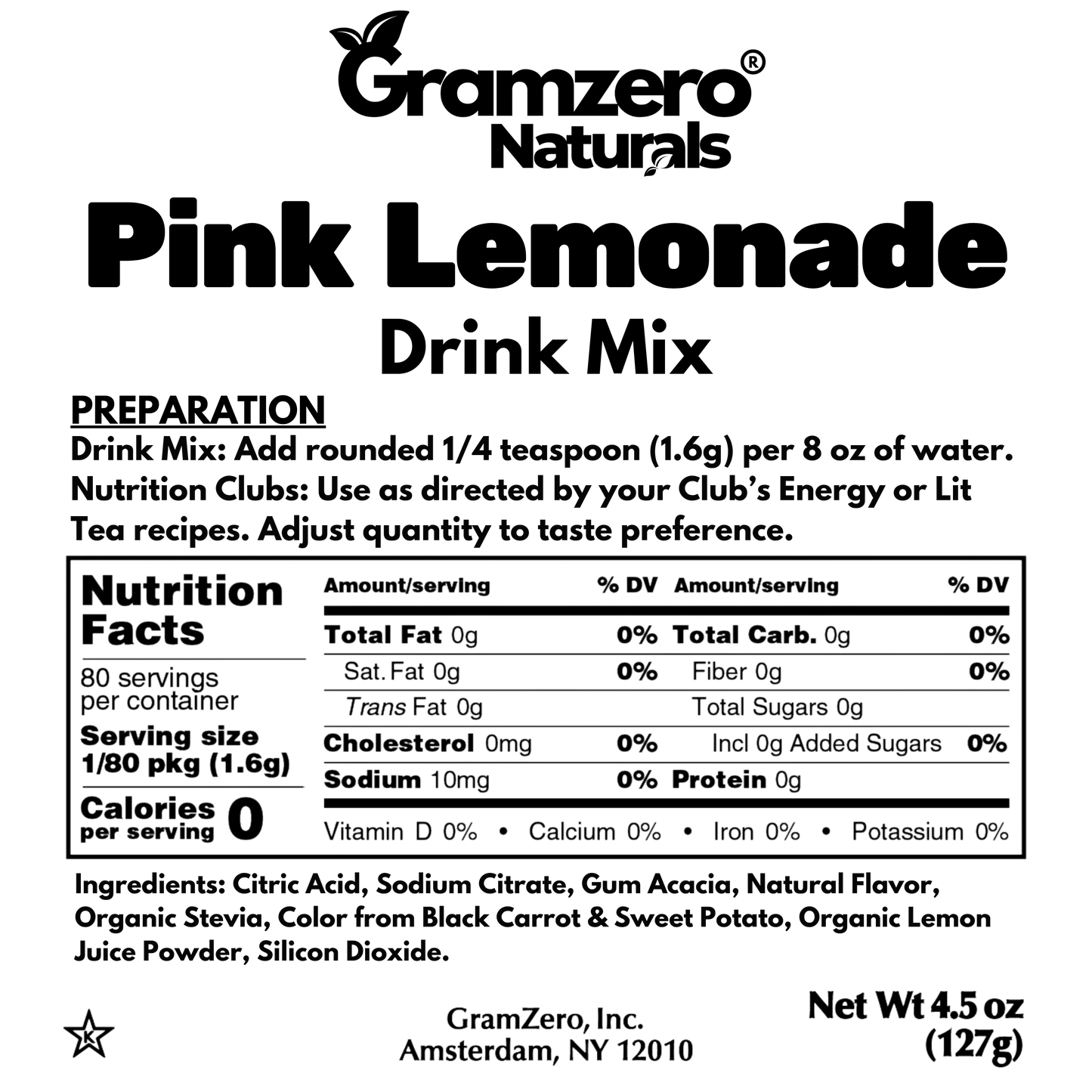 PINK LEMONADE ALL NATURAL Sugar Free Drink Mix Stevia Sweetened 4.5oz