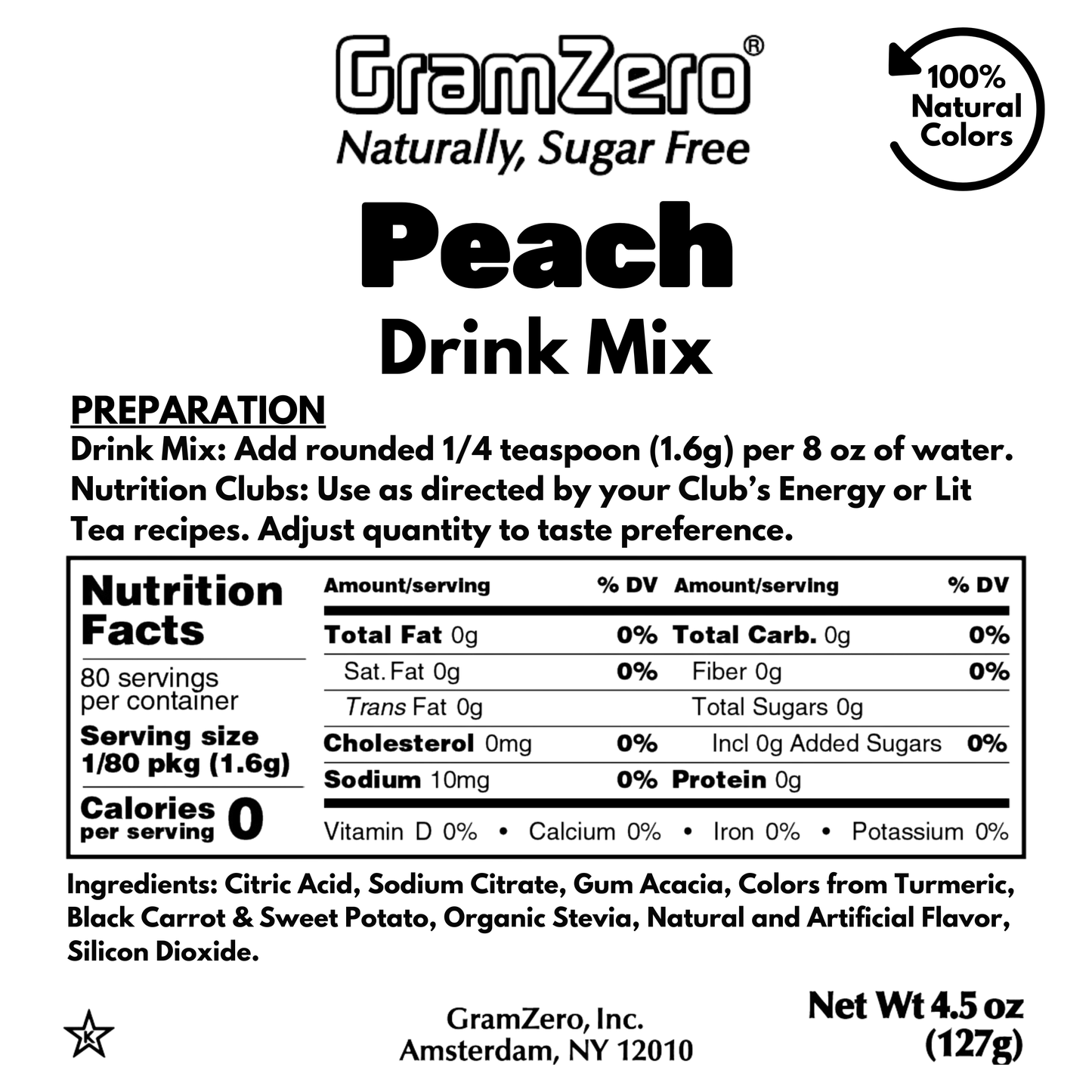 PEACH Zero Calorie Sugar Free Drink Mix with Natural Color, Stevia Sweetened, Great for Loaded Tea, 4.5 Oz