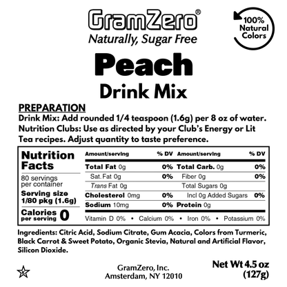 PEACH Zero Calorie Sugar Free Drink Mix with Natural Color, Stevia Sweetened, Great for Loaded Tea, 4.5 Oz