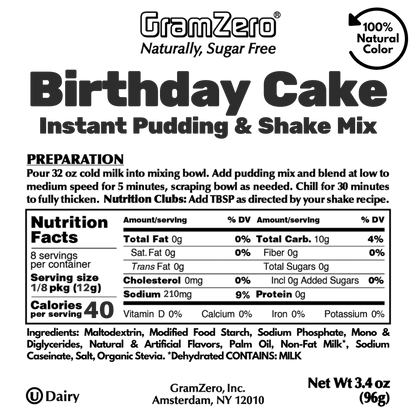 BIRTHDAY CAKE Sugar Free Pudding Mix, Stevia Sweetened, Great For Nutrition Club Shakes, 3.4 Oz
