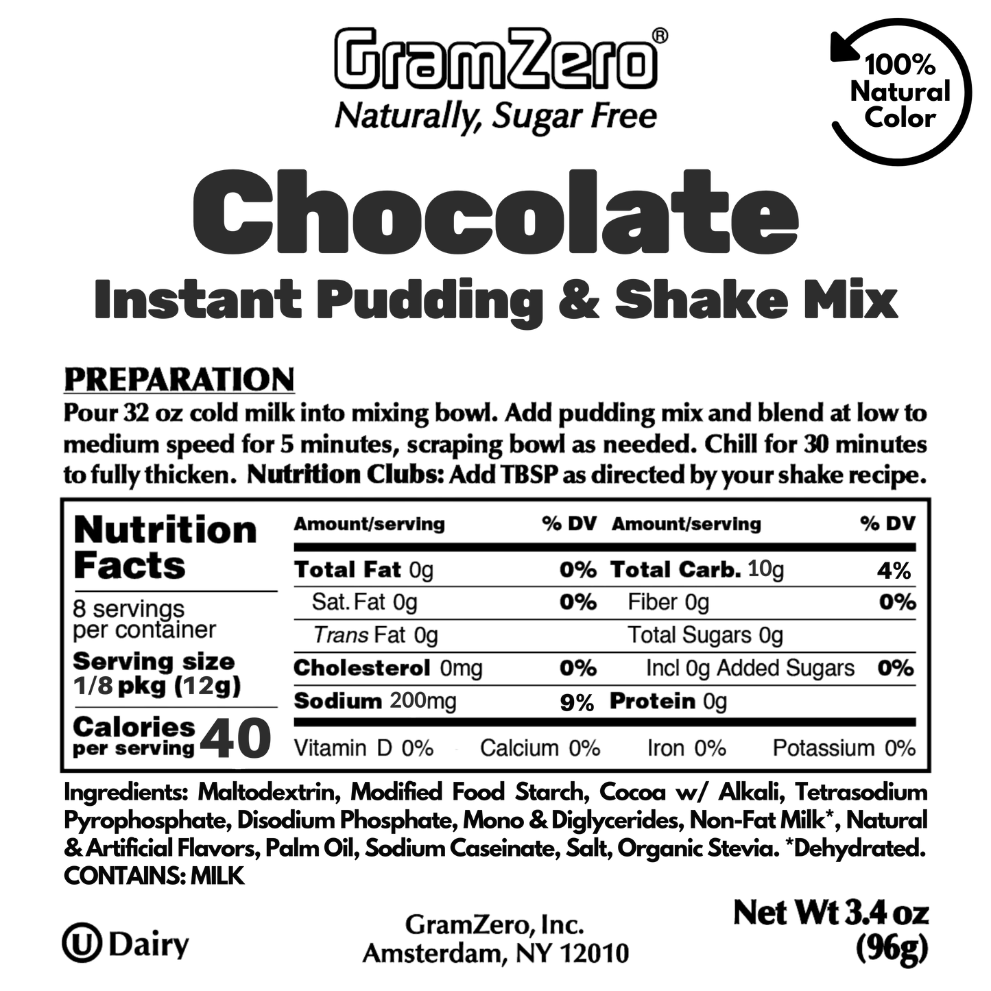 CHOCOLATE Sugar Free Pudding Mix with Natural Color, Stevia Sweetened, Great For Nutrition Club Shakes, 3.4 Oz