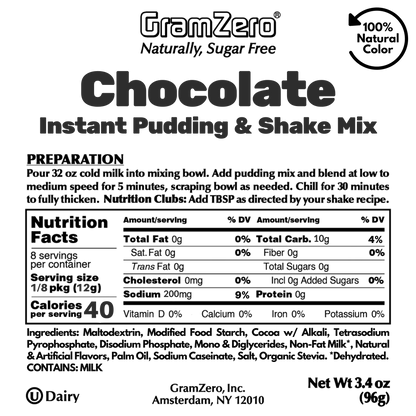 CHOCOLATE Sugar Free Pudding Mix with Natural Color, Stevia Sweetened, Great For Nutrition Club Shakes, 3.4 Oz