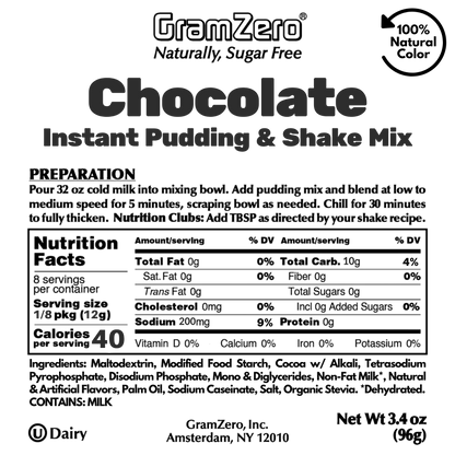 CHOCOLATE Sugar Free Pudding Mix with Natural Color, Stevia Sweetened, Great For Nutrition Club Shakes, 3.4 Oz