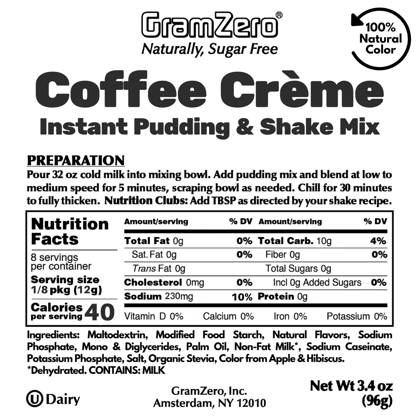 COFFEE CRÉME Sugar Free Pudding Mix, Stevia Sweetened, Great For Nutrition Club Shakes, 3.4 Oz