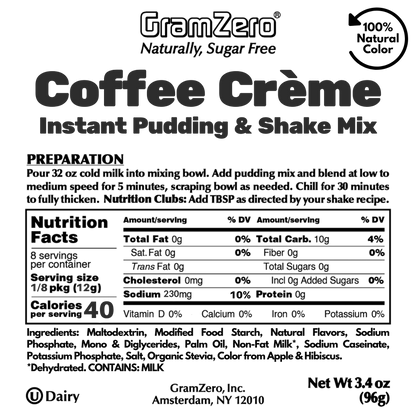 COFFEE CRÉME Sugar Free Pudding Mix, Stevia Sweetened, Great For Nutrition Club Shakes, 3.4 Oz